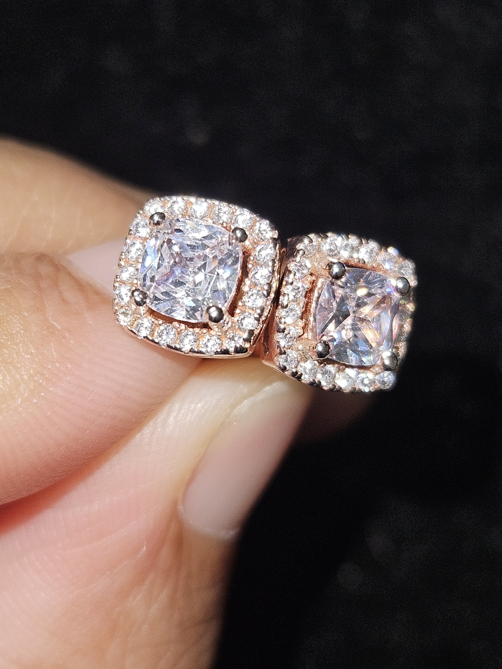 925S Rose Gold Halo Square Clear Quartz Stud Earrings - Women Jewelry